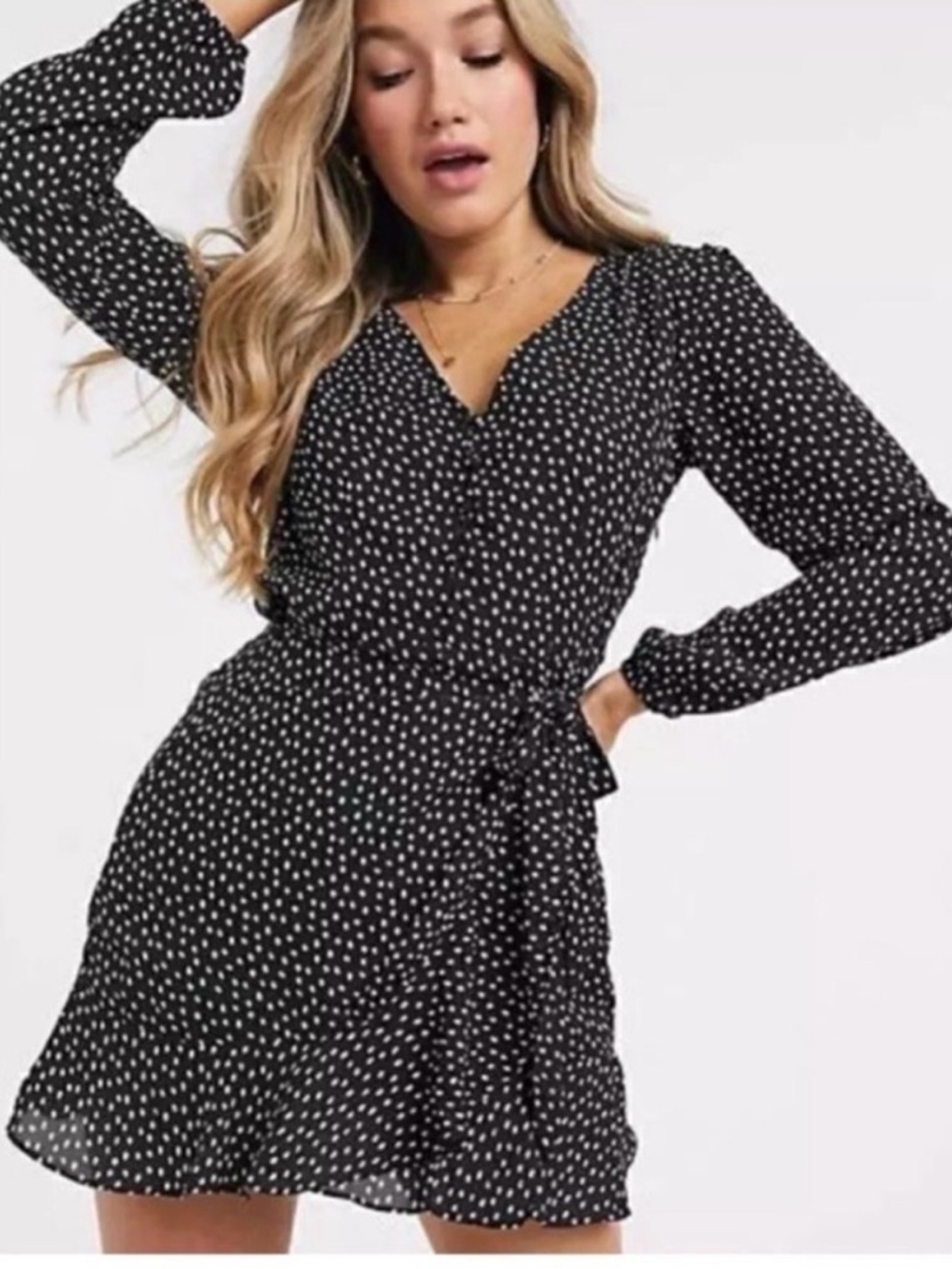 Abercrombie & Fitch black and white polka dot long sleeve wrap dress.